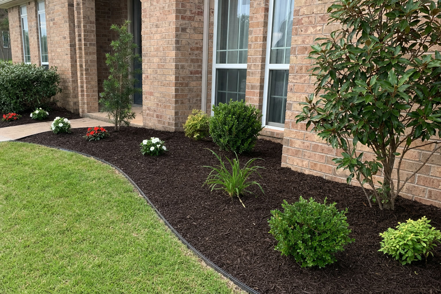 Freshly mulched landscape bed cleanup